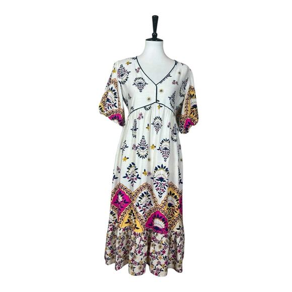 Fig + Flower New Midi Dress V-neck Puff Sleeve Cream Multi Women’s Size Small - Picture 1 of 13